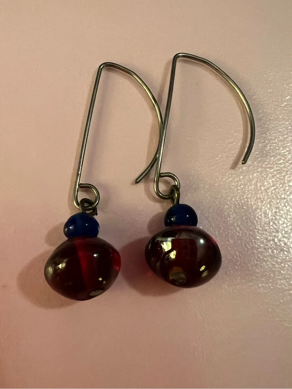 Artisan Handcrafted Deep Red & Blue Glass Dangle Earrings - Long Hooks